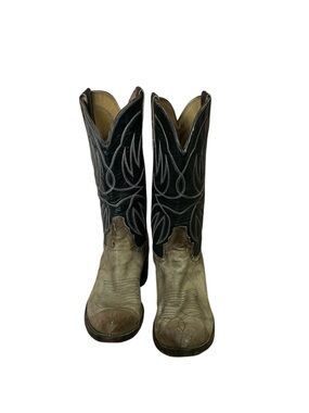 Vintage Novus Point Toe Leather Cowboy Boots in Black and Tan with Stitch design